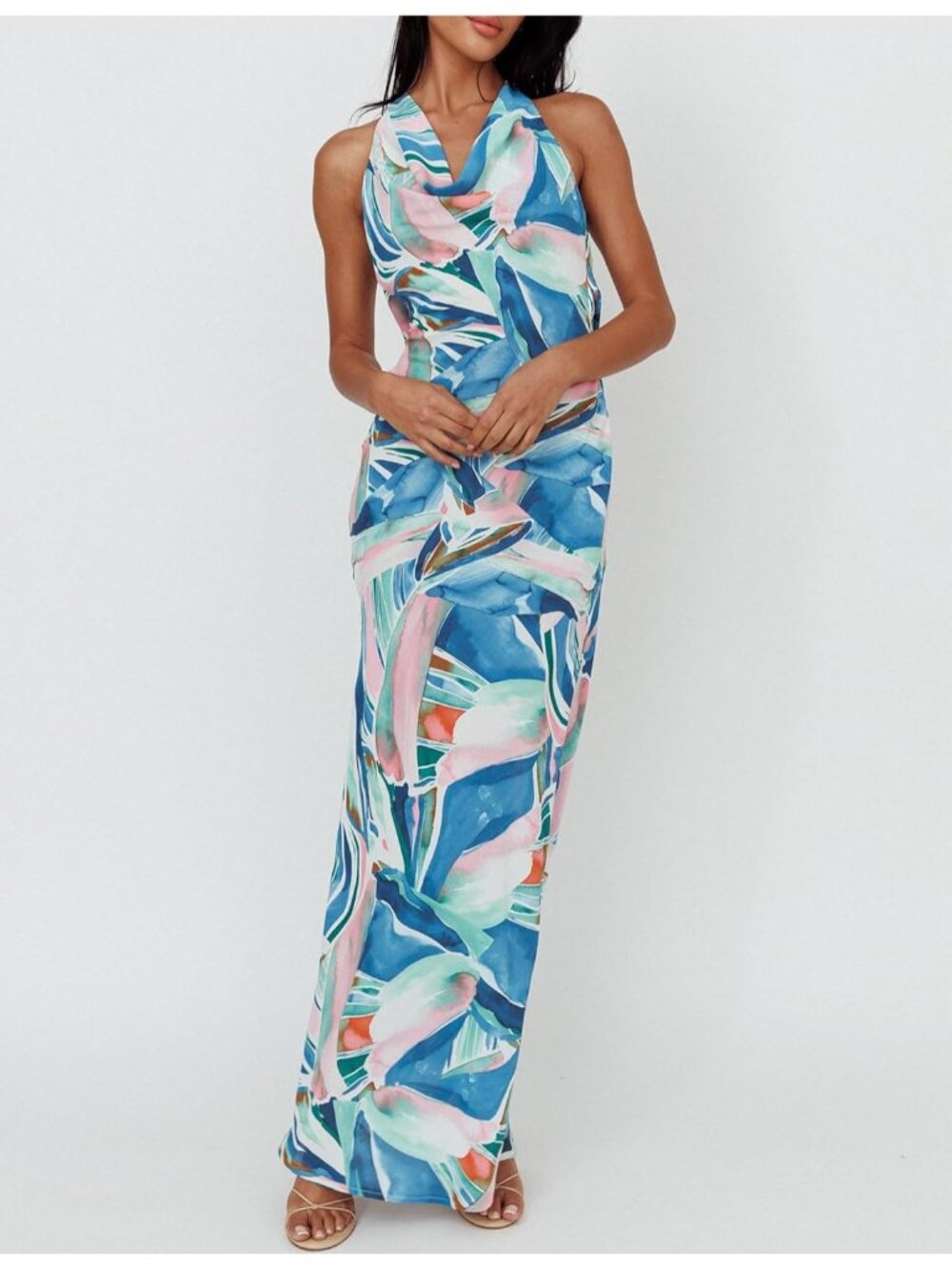 Womens Blue Floral Cowl Neck Summer Satin Backless Sleeveless Elegant Maxi Dress - Picture 3 of 4